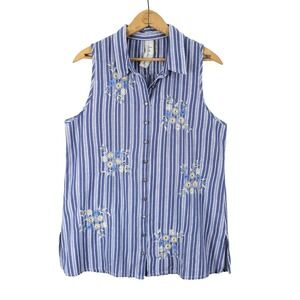 Aratta Silent Journey Sleeveless Shirt‎ Size S Blue Striped Embroidered Floral